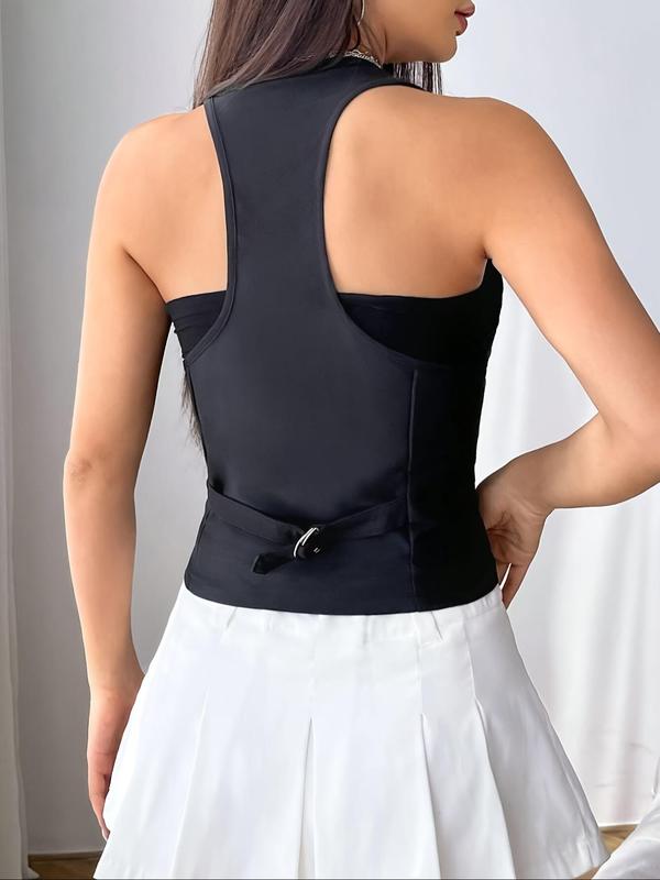 Women's Solid Backless Button Front Vest Jacket, Casual V Neck Sleeveless Outerwear for Spring & Fall, Ladies Clothes for Daily Wear 1