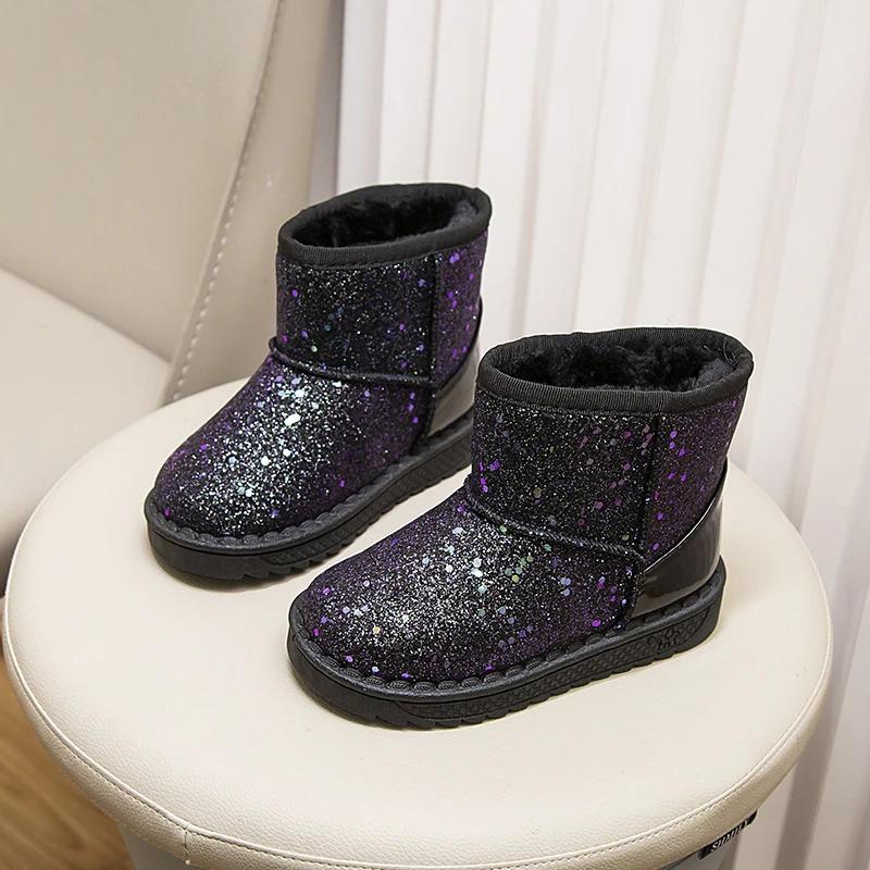 Product Introduction of Winter Girl's Snow Boots Glimmer Three Colors Thick Fur Kids Short Boot Warm Beautiful Stylish Slip-on Children Shoes 25-36 19