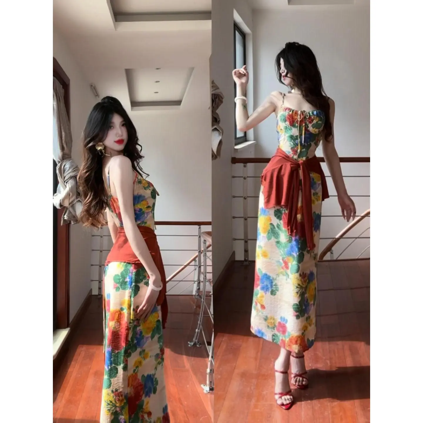 Summer New Retro Hong Kong Style Floral Strap Dress Red Cardigan Two-Piece Set Red Suit Skirt for Women