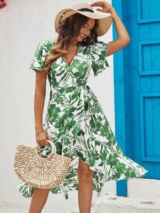 YOZY Women's Spring Floral Print Wrap V Neck Ruffle Hem A Line Dress, Fashion Butterfly Short Sleeve High Low Midi Dress for Beach Vacation Holiday, Women Dresses