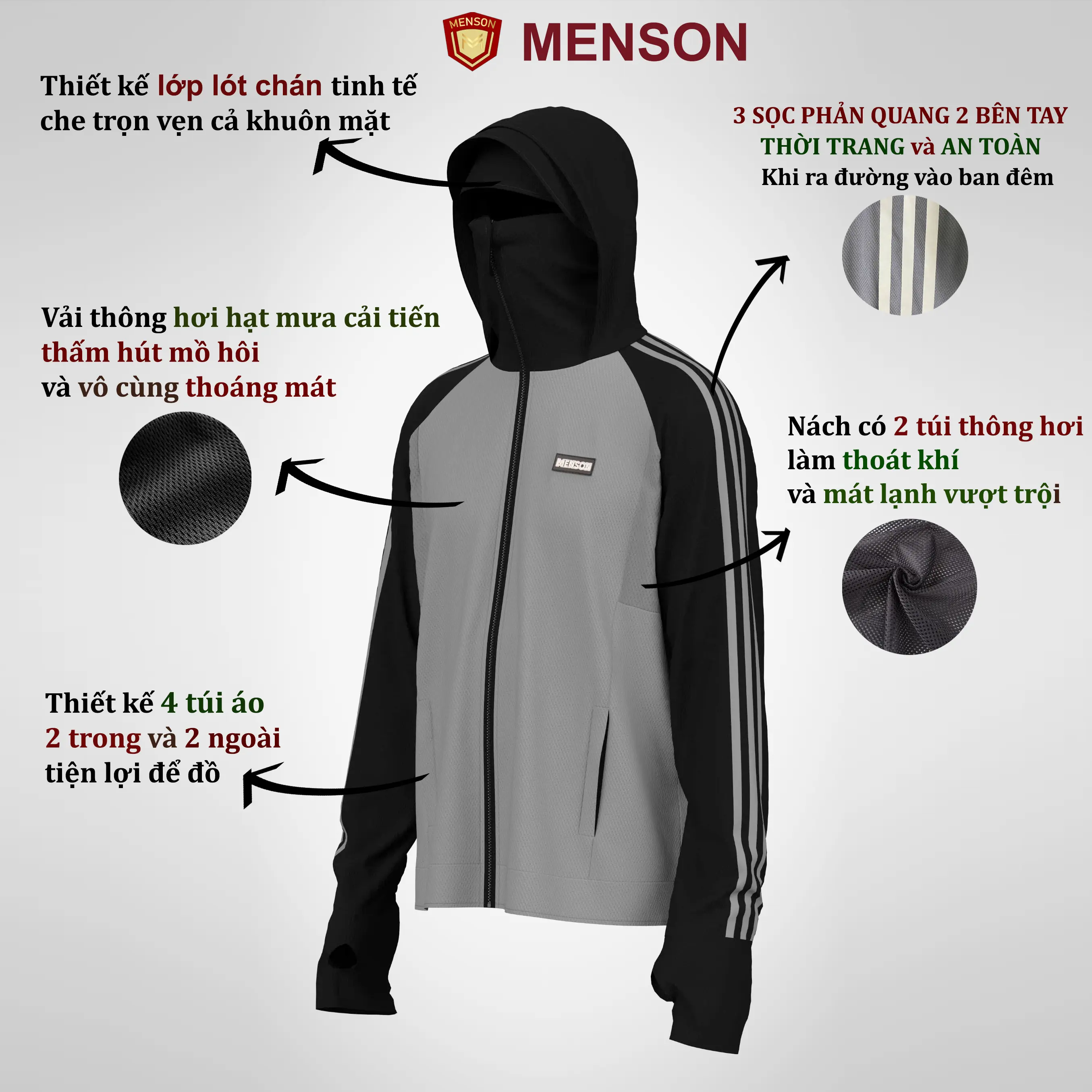 Áo Chống Nắng 2 Lớp Bản Nâng Cấp-MENSON - Đầy Đủ Tiện Nghi Thoáng Mát ,Sọc Phản Quang 2 Bên , Nâng Cấp Lót Chán