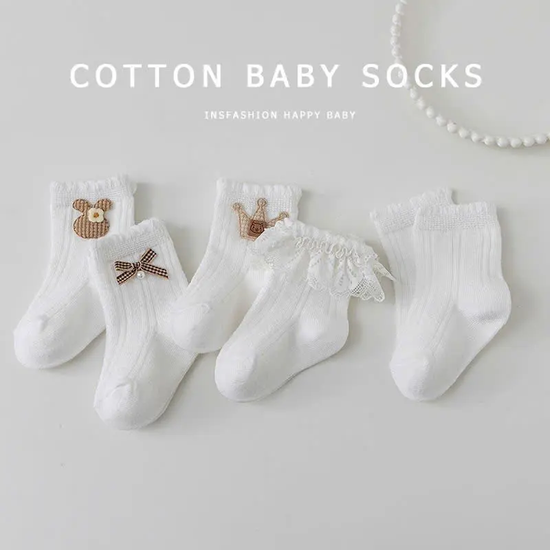 Tất sơ sinh cho bé Màu trắng Bèo Ren Vớ cao cổ đính hình ngộ nghĩnh cho bé Newborn