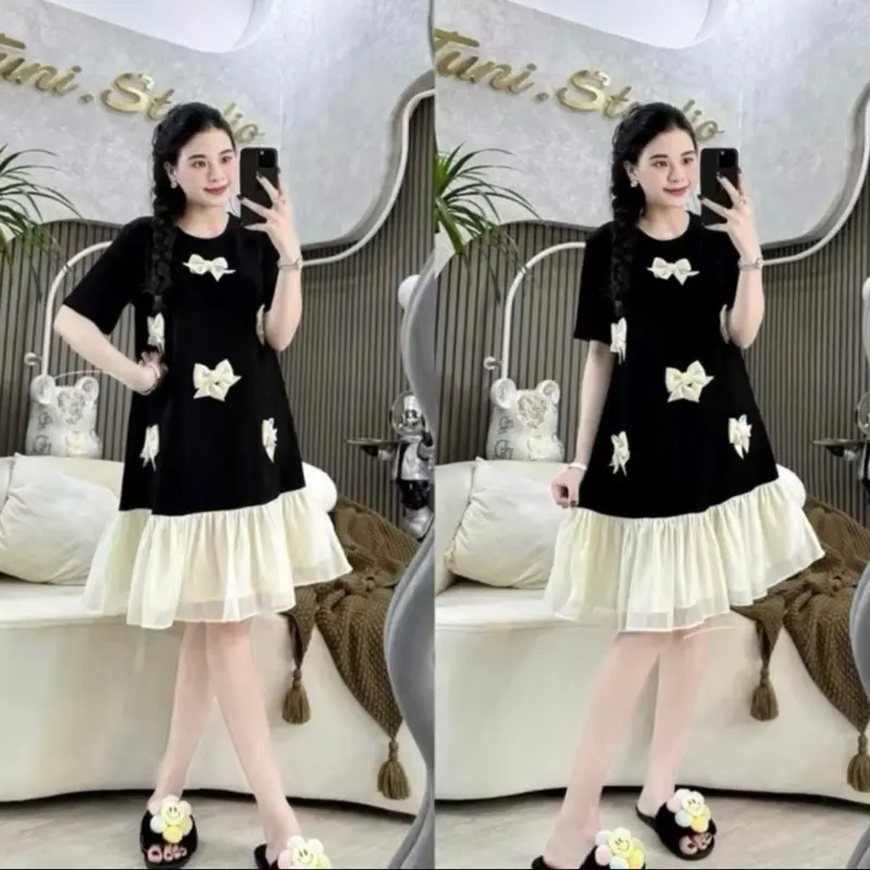 [Mami. Closet ] váy umi dáng A phối chân voan tơ tiểu thư, chân tơ tầng nơ ngực, váy phong cách tiểu thư sang trọng cho các nàng dự tiệc.