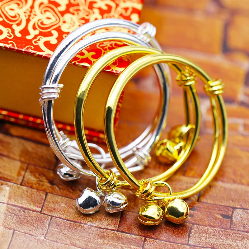Cho Bé  Kem Vòng Tay Trẻ Em Bé Mạ Vàng, Chuông Đôi, Vòng Tay Kéo Đẩy Bụng Tròn Trơn Cho Trẻ Em, Thích Hợp Cho Trẻ 2-7 Tuổi, Quà Tặng Trẻ Em Và Trẻ Em Phụ Kiện Tóc 0