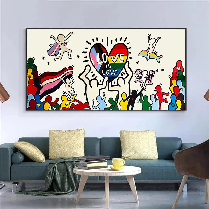 Keith Art Exhibition Canvas Painting without Frame, 1 Count Love Is Love Street Pop Art Poster, Cartoon Figure Abstract Wall Art Picture Decor