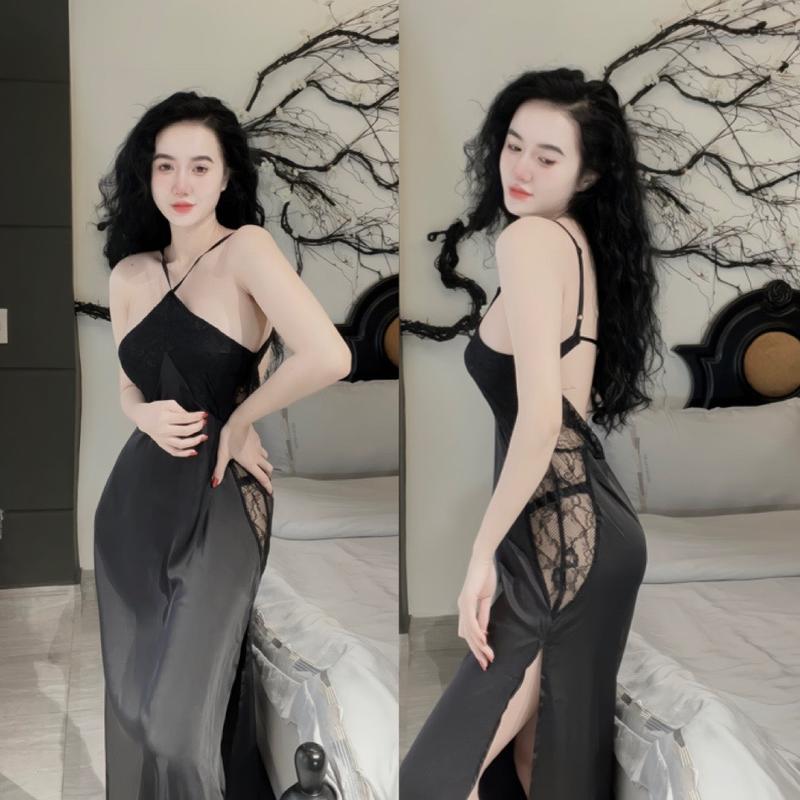  Đầm ngủ 2 dây ren sườn dáng dài chất lụa latin mềm mịn thoáng mát có mút Nữ Women Nữ Women Dress Voi Voan Váy Ngủ Trắng Đen 