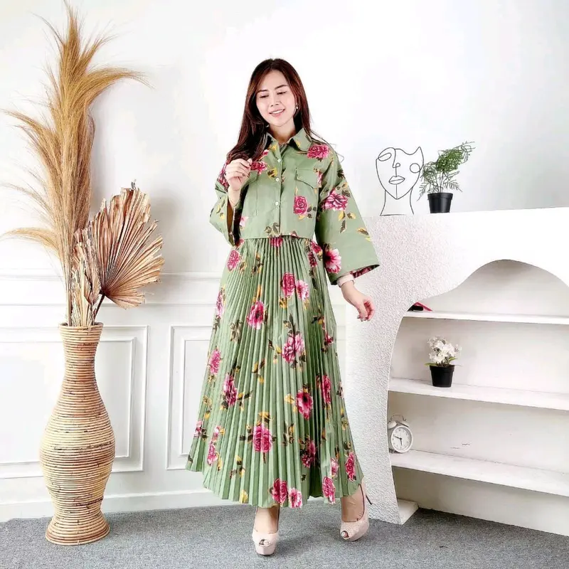one set Wanita nature Korean vintage kemeja  crop &rok midi plisket Katun Motif Setelan 2