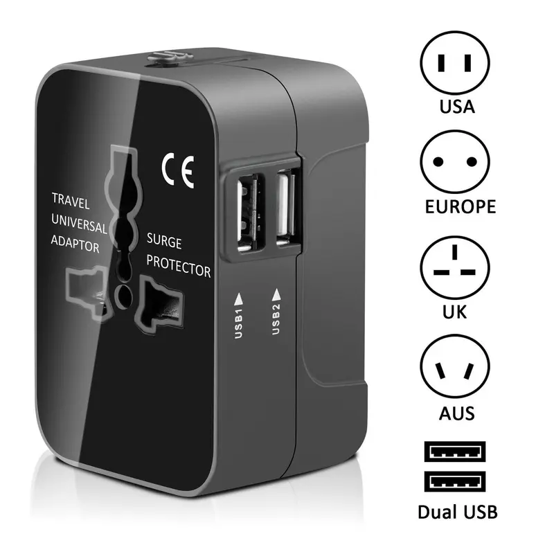 Universal Travel Plug Adapter, 100V-250V 2 USB Ports World Travel AC Power Charger Adapter, Worldwide in One Adapter Adapter, AU US UK EU Converter Adapter 3