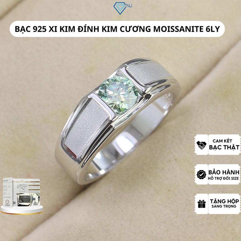Nhẫn bạc nam kim cương nhân tạo Moissanite xanh lá 6ly viền nhẫn xăm cát xi bạch kim kiểm định GRA NNAM0172-XANH