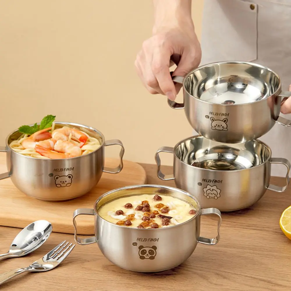 New 316 Stainless Steel Children's Food Bowl Double Handle Children's Soup Bowl Food Container Cute Pattern Thickened Children's Soup Bowl Kitchen Tableware
