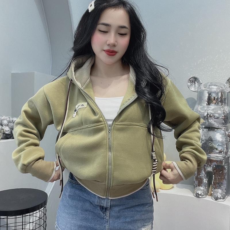 Áo khoác nỉ dây nón to dây phối tay viền Top Hoodie Nữ Women Voi có thể giặt máy đậu màu xanh hoodie  màu Voan