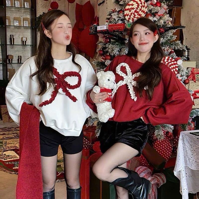 Hoạ Tiết Nơ HTN100) Áo Nỉ Bông Sweater Thêu Nơ Tay Bồng Nổi Bật Dáng Rộng BIGSIZE 55-120kg Nữ Women