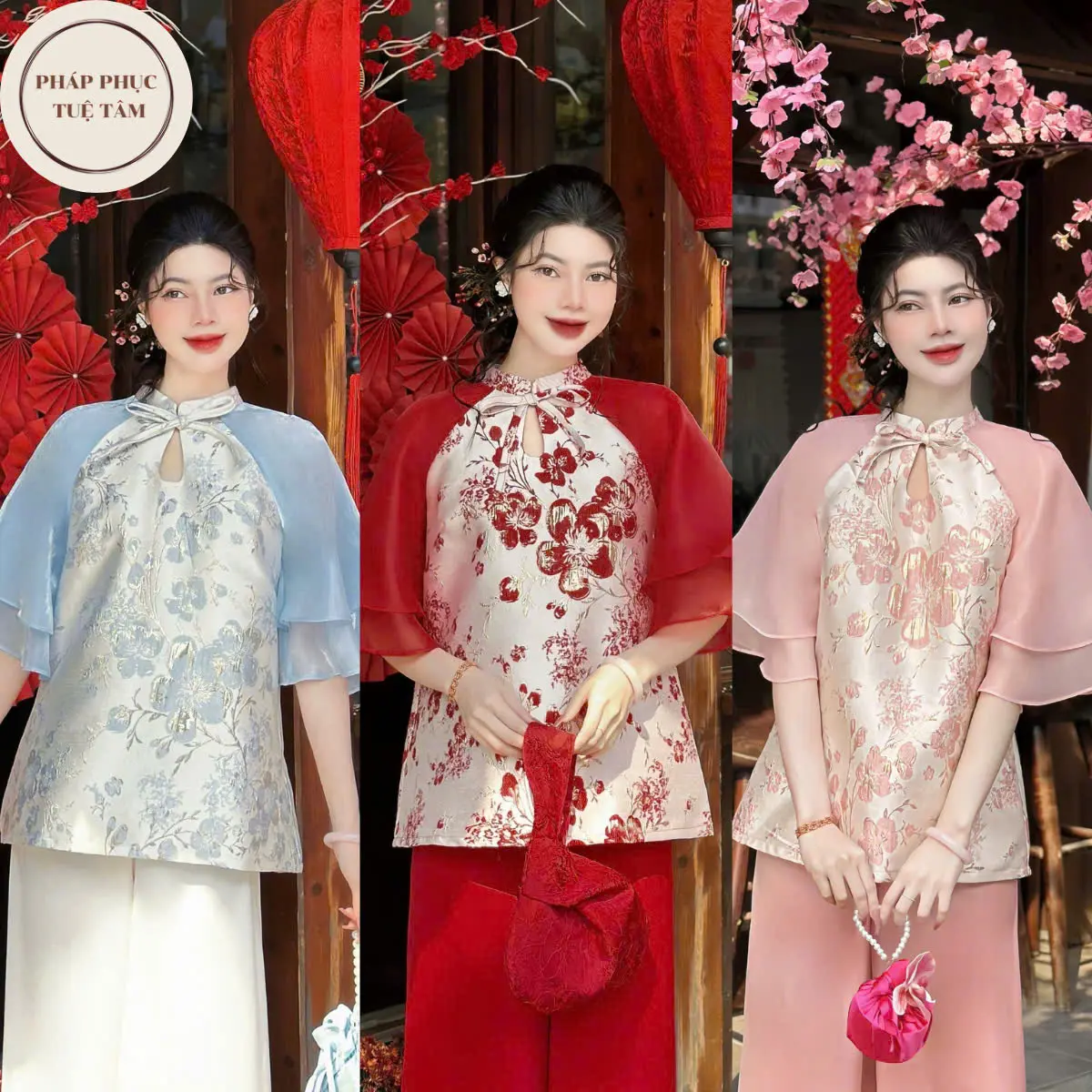 Bộ Đi Lễ Chùa Nữ Gấm Tacta phối tay tơ 2 lớp điệu đà cho Tết