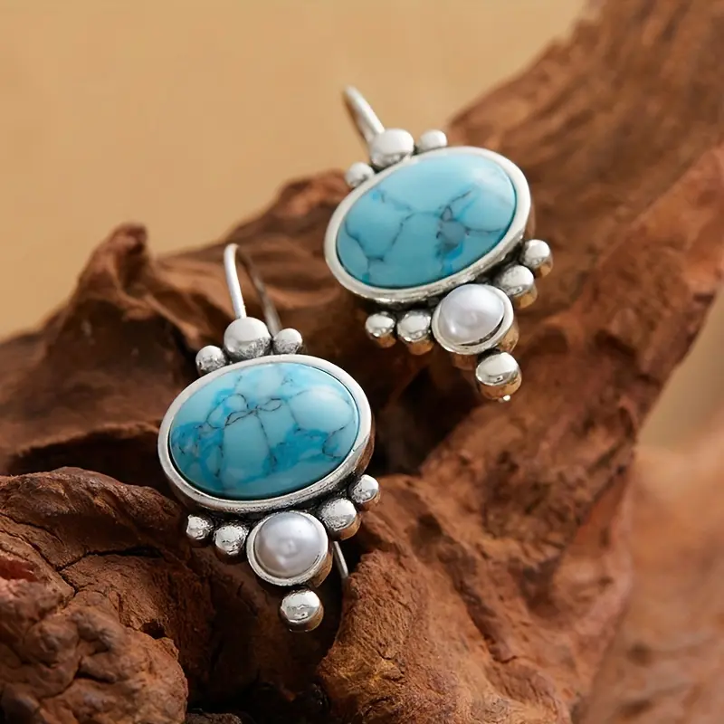 1pair Vintage Turquoise Women's Dangle Drop Earrings Elegant Pearl Jewelry Suitable for Holiday Commemorative Gifts To Friends 5