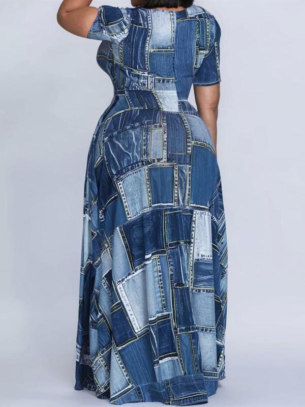 【Plus Size】 All Over Print Round Neck Dress, Casual Short Sleeve Dress for Summer, Women's Plus Clothing for Daily Wear 7