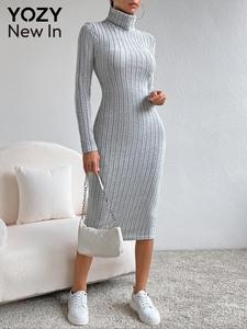 YOZY Women's Plain Ribbed Bodycon Dress, Casual Long Sleeve Turtle Neck Dress for Spring, Women's Clothing for Daily Wear