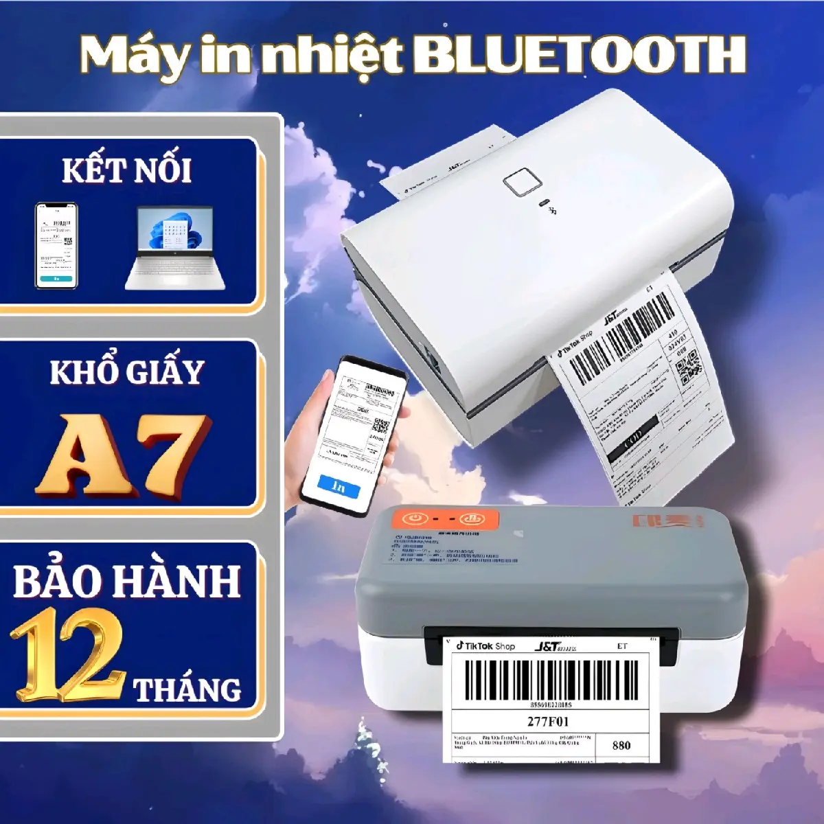 Máy in nhiệt Bluetooth, khổ A7, kết nối Usb Máy Tính và Bluetooth Điện Thoại (GHTK, VIETTEL, J&T, BEST CHỈ IN TRÊN MÁY TÍNH) tốc độ in 180mm/s, in đơn, mã vạch, ảnh... [BH 12 THÁNG] máy  chốt