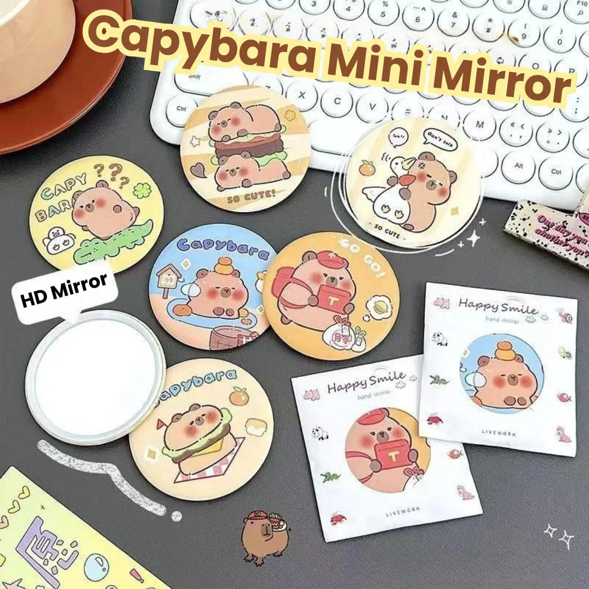 Capybara Cartoon Mirror Mini Cute Portable Small Round Makeup Cermin