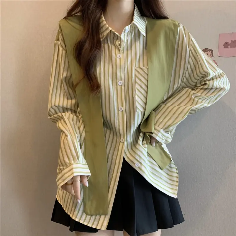 Kemeja Wanita Garis-Garis Versi Korea Baru Longgar Ramping Retro Ceruk Serbaguna Lengan Panjang Coklat Kerah Hitam Atasan Linen Top