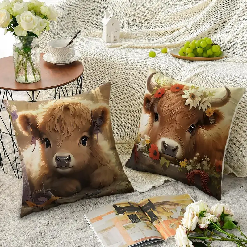 Highland Cow Pattern Cushion Cover, 4 Counts/set Square Throw Pillow Cover, Household Decoration Supplies for Home Living Room Bedroom 8