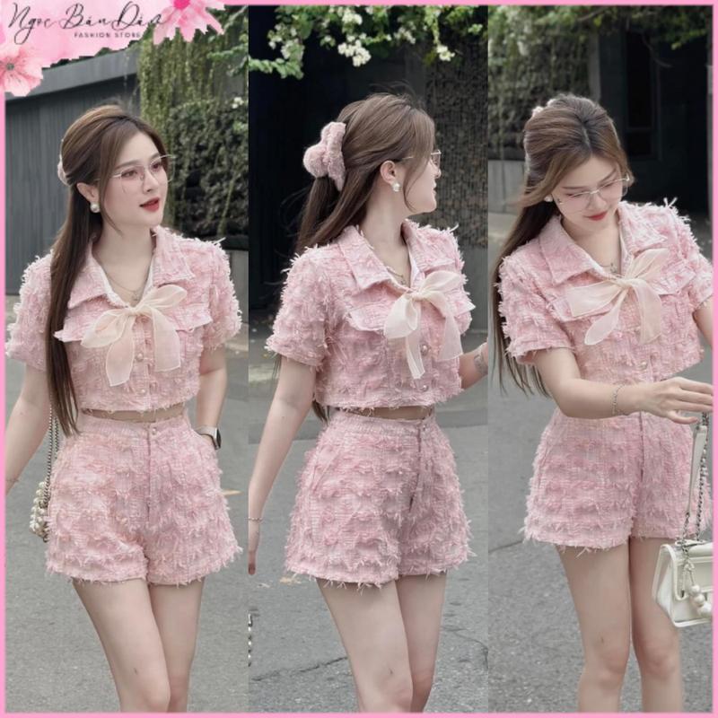 Set bộ nữ croptop dạ hồng hotrend kèm nơ tiểu thư - Hồng Phấn, chất liệu dạ lông, size S M 1