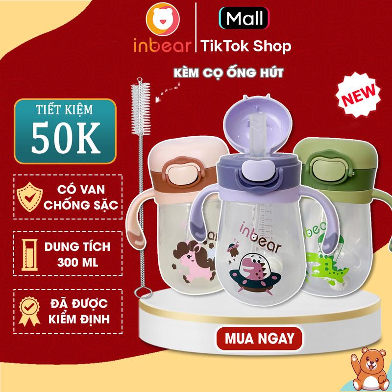 Que Rửa Và Bình Nước Inbear 300ml Cao Cấp 360 Độ Có Van Chống Sặc, Tay Cầm Cho Bé Tập Uống Nước
