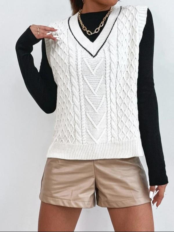 Women's V Neck Sweater Vest without Tee, Casual Sleeveless Cable Knit Top for Spring & Fall, Fashion Women's Knitwear for Daily Wear 2