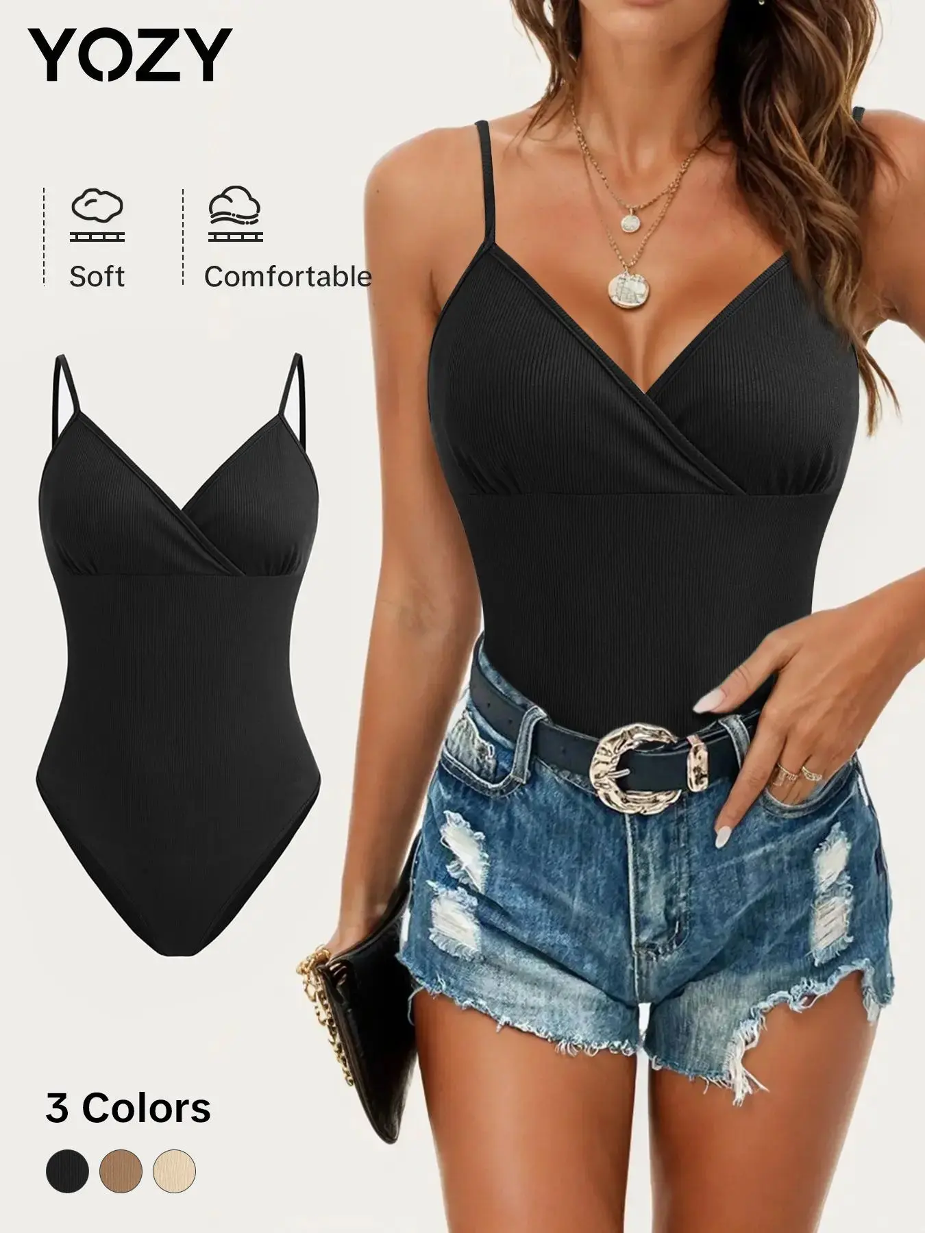 YOZY Backless Wrap Ribbed Cami Bodysuit/ Sexy Comfort Basic Spaghetti Strap Sleeveless Bodysuit, 2024 Women's Summer Outfits for Daily Wear