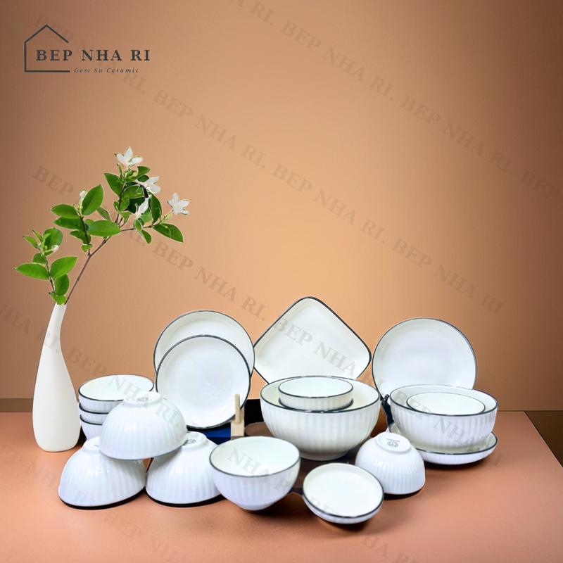 [ BepNhaRi ] Bộ Bát Đĩa trắng viền đen cao cấp 19 món sứ - Gốm sứ loại 1 chịu nhiệt cao - DECOR trang trí bàn ăn gia đình