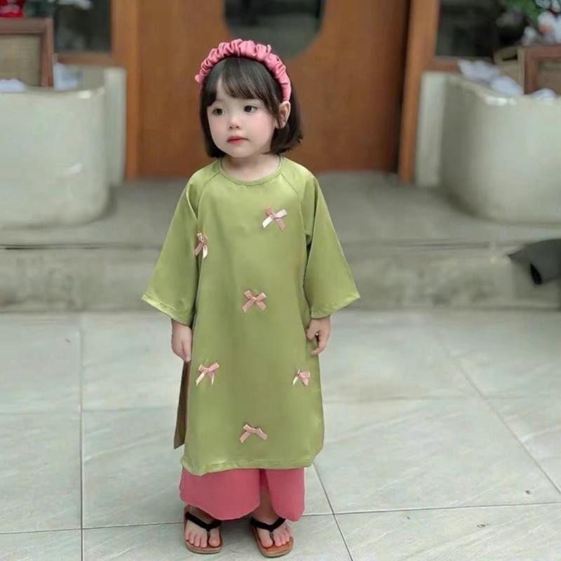 Áo Dài Tết lụa  Ngọc trai Cách Tân Cho Bé Gái 12kg - 34kg Tặng Kèm bờm Tóc Siêu Dễ Thương 5