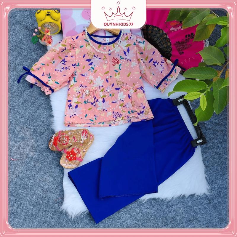 ( 11-36kg) Áo bà ba lụa kèm quần, tay ngắn phối nơ có khuy nút ngọc và túi tiền, cao 1,38m trở lại đồ  em bé gái