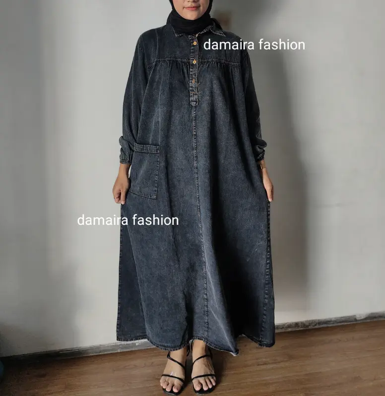 Hanami Midi Dress Jeans Tunik Gamis Jumbo fit to XXL LD 110 LD 120 CM 3