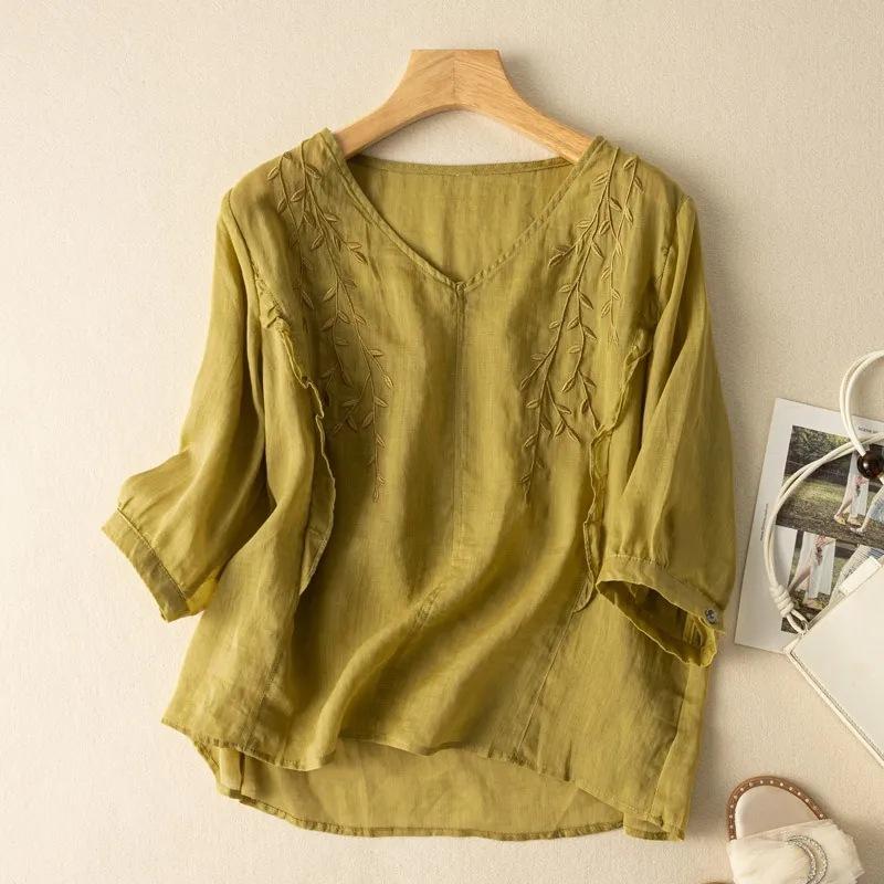 Áo Cotton Và Vải Lanh Thêu Mới, Áo Dáng Rộng, Thanh Lịch, Nghệ Thuật, Retro, Tay Áo Cắt Xén, Phong Cách Trung Quốc, Thường Ngày, Đa Năng, Mùa Hè Top Nữ Sơ Mi Women 3