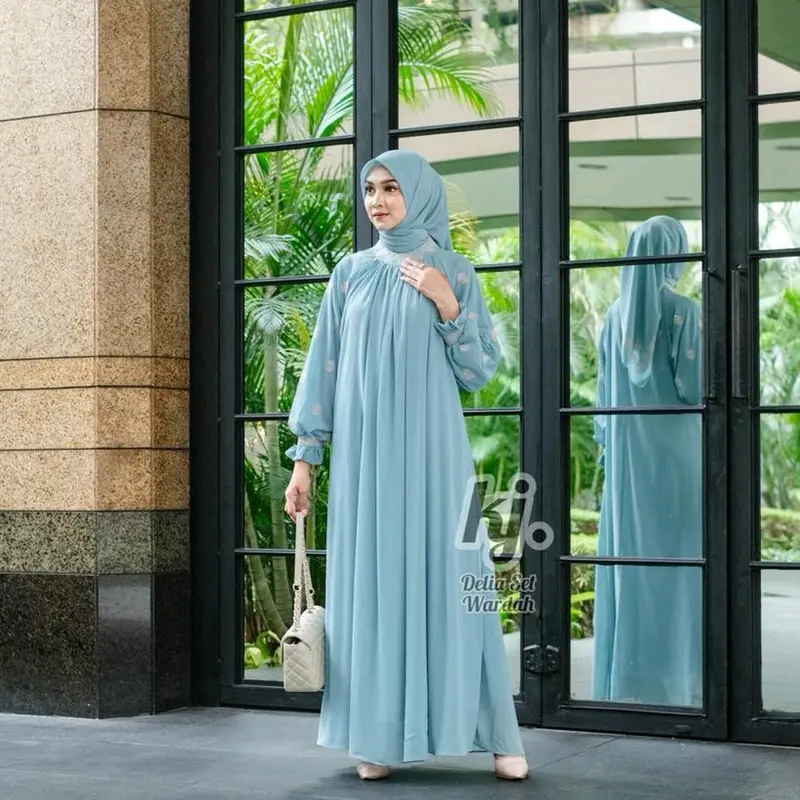 Gamis Ceruty Bordir set Hijab Gamis Delia set Original Khadijah mode 3