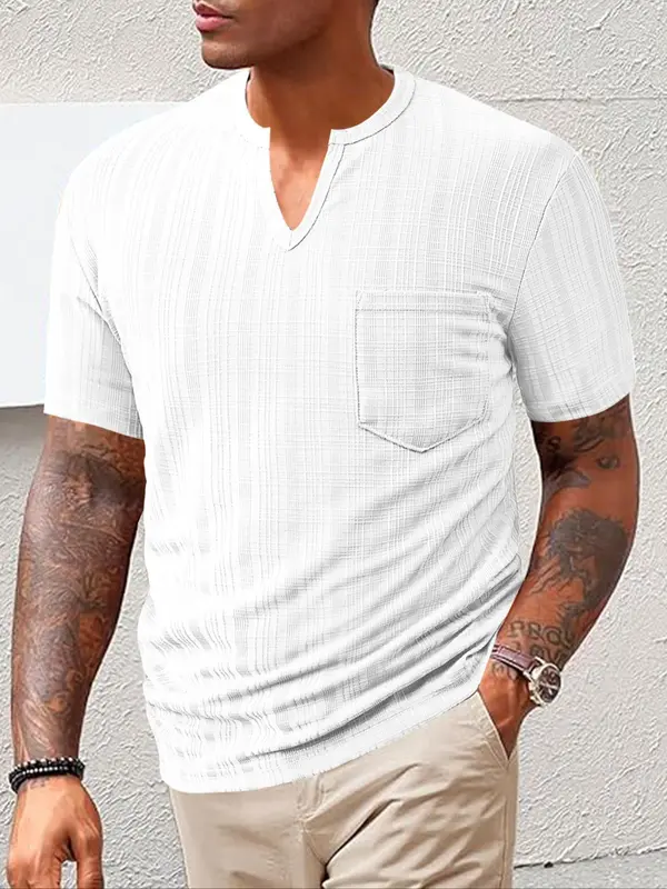 Men's Regular Fit Solid Notched Neck Tee, Casual Comfy Short Sleeve T-shirt for Summer, Fashion Men's Top for Daily Wear 1