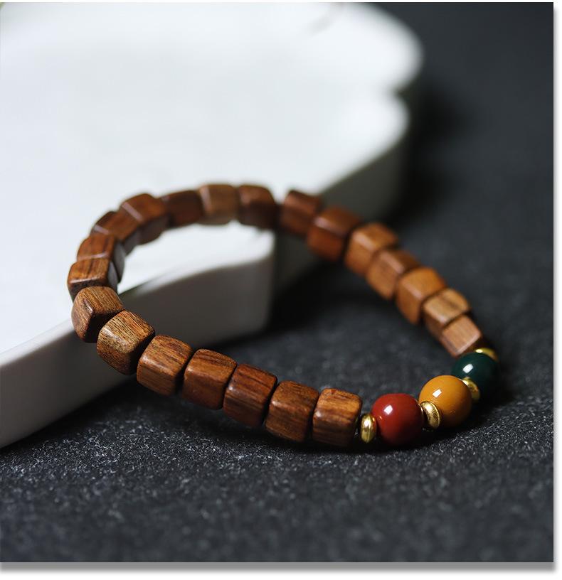 Product Introduction of New Chinese style, black rosewood, sandalwood, sugar cube beads, block beads, bracelet, three-color beads, traffic light pattern, ethnic style, wristband 5