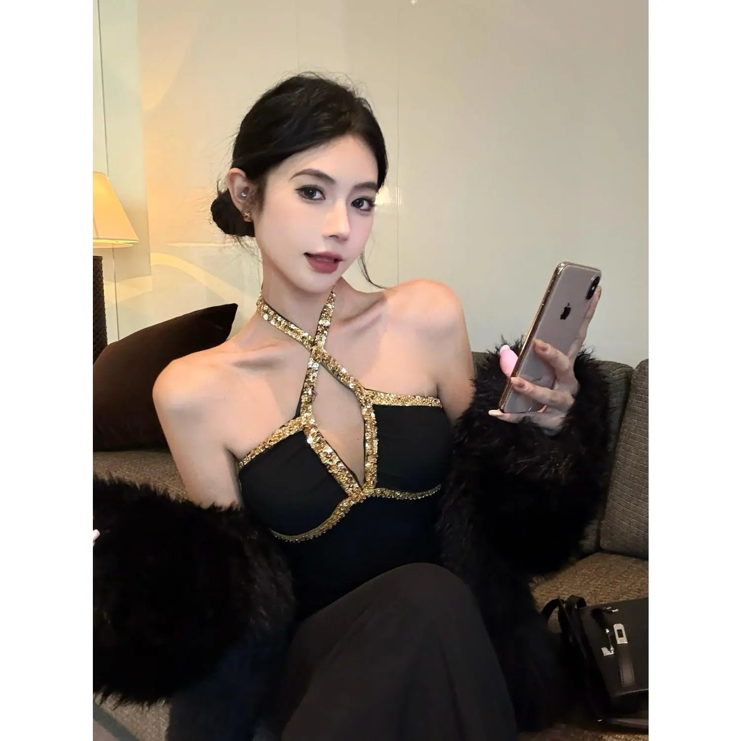 Váy Cổ Yếm Kim Sa Nặng, Dành Cho Nữ, Ôm Vừa Vặn Thanh Lịch, Váy Dài, Bó Eo, Váy Bodycon Nàng Tiên Cá, Dễ Thương Và Gợi Cảm, Thu Được Bởi 1143 Người