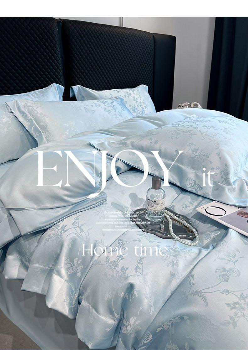Product Introduction of 2025 Light Luxury Summer Jacquard Ice Silk Four-Piece Set Double-Sided Washable Silk Bed Sheet Duvet Cover Naked Sleep Tencel Bedding Three-Piece Set bedsheet  comforter decobilik  tidur bedding kapas  living king  fitted  bed  sheet four piece set comfor 6