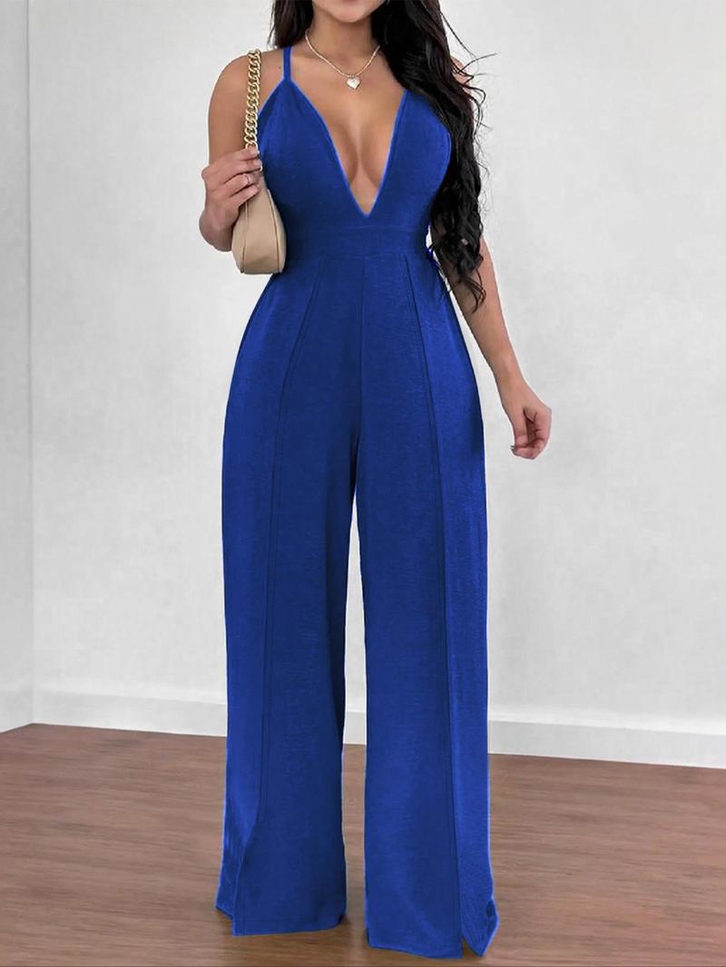 Product Introduction of Women's Solid Color Backless Jumpsuit, Elegant Fashion Casual Wide Leg Jumpsuit for Daily Outdoor Wear, Ladies Clothes for All Seasons 3