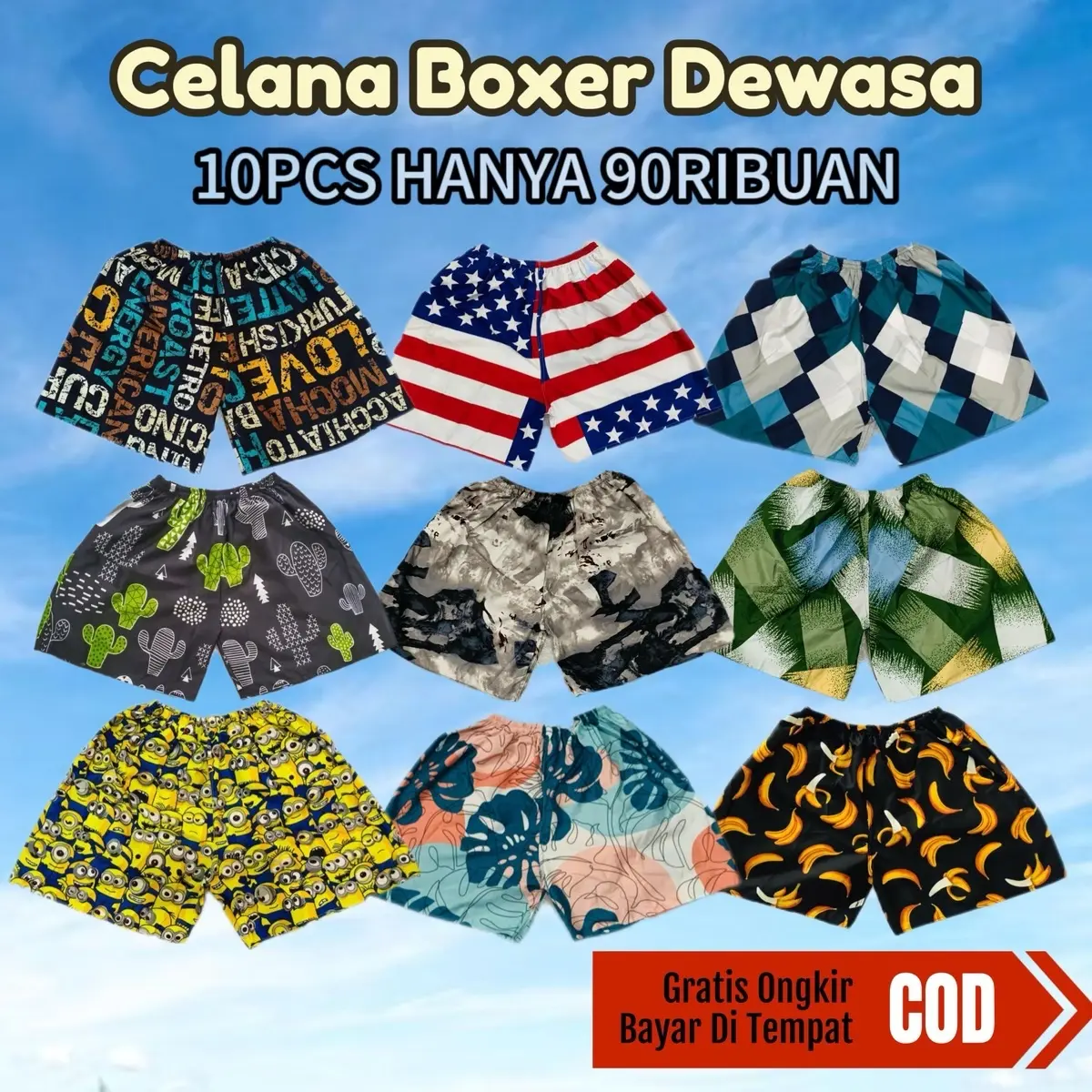 (PROMO 10PCS) Celana Pendek Boxer Dewasa Unisex Pria wanita motif shorts melar 100K 10 Pcs Santai Katun Polos