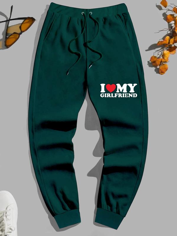 Men's "I Love My Girlfriend" Print Drawstring Sweatpants, Regular Fit Casual "I Love My GF" Print Pocket Jogger Pants, Fun Graphic Trousers 4