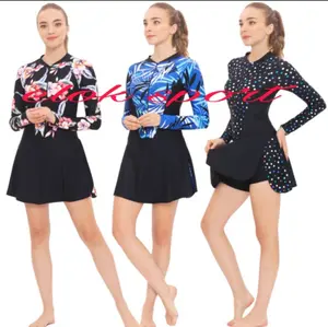 BAJU RENANG (+ LAPIS CUP) ROK DEWASA TANGAN PANJANG MOTIF Pendek Diving  Sport  Outdoor Celana Swimwear Bh Pinggang Zipper Polos Resleting Muslim