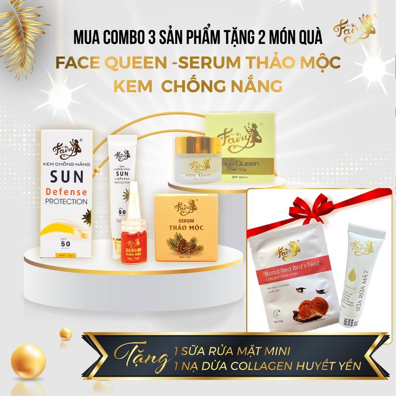 COMBO Dưỡng Da "SERUM THẢO MỘC + FACE QUEEN + CHỐNG NẮNG" (Tặng 1 Miếng Mặt Nạ Collagen Huyết Yến + 1 Sữa Rửa Mặt mini)