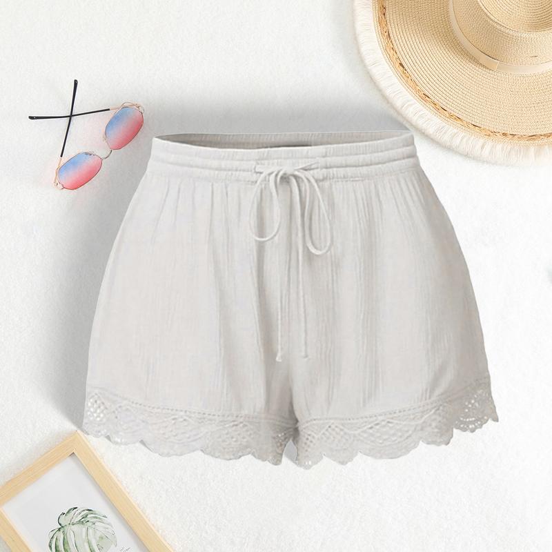 Mieeuo Women Summer Shorts Elastic Drawstring Waist Solid Color Lace Trim Shorts Loose Fit Elastic Tight Yoga Pants 3