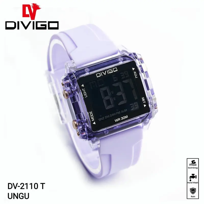 Jam Tangan Wanita DIVIGO DV-2110 Transparan Original Digital Kotak Strab Rubber Tahan Air Digital Besi Stainless 5