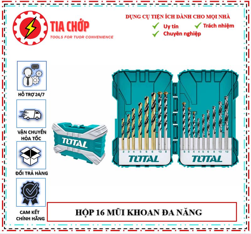  Bộ 16 mũi khoan bê tông gỗ sắt thép siết ốc vít TOTAL TACSDL11601 Combo 16 mũi khoan đa năng 