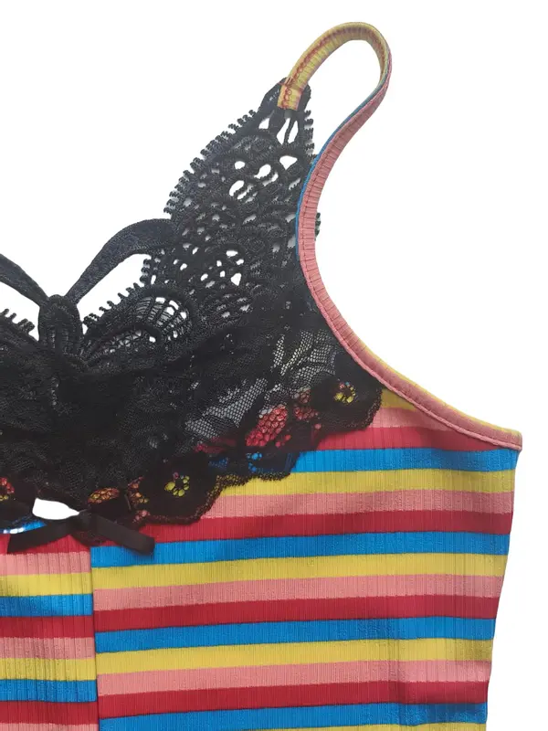 Women's Rainbow Stripe Pattern Bow Decor Contrast Lace Romper, Casual Sleeveless Romper for Summer, Fashion Women's Clothing for Daily Wear 6