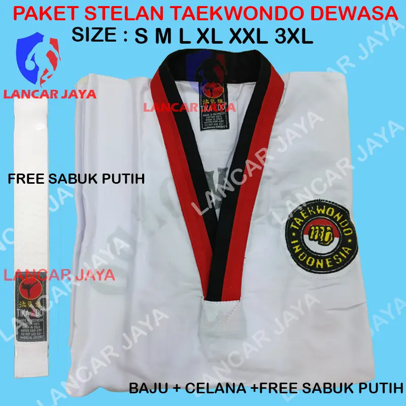 BAJU TAEKWONDO KRAH HITAM MERAH BELADIRI DEWASA FREE SABUK PUTIH 4