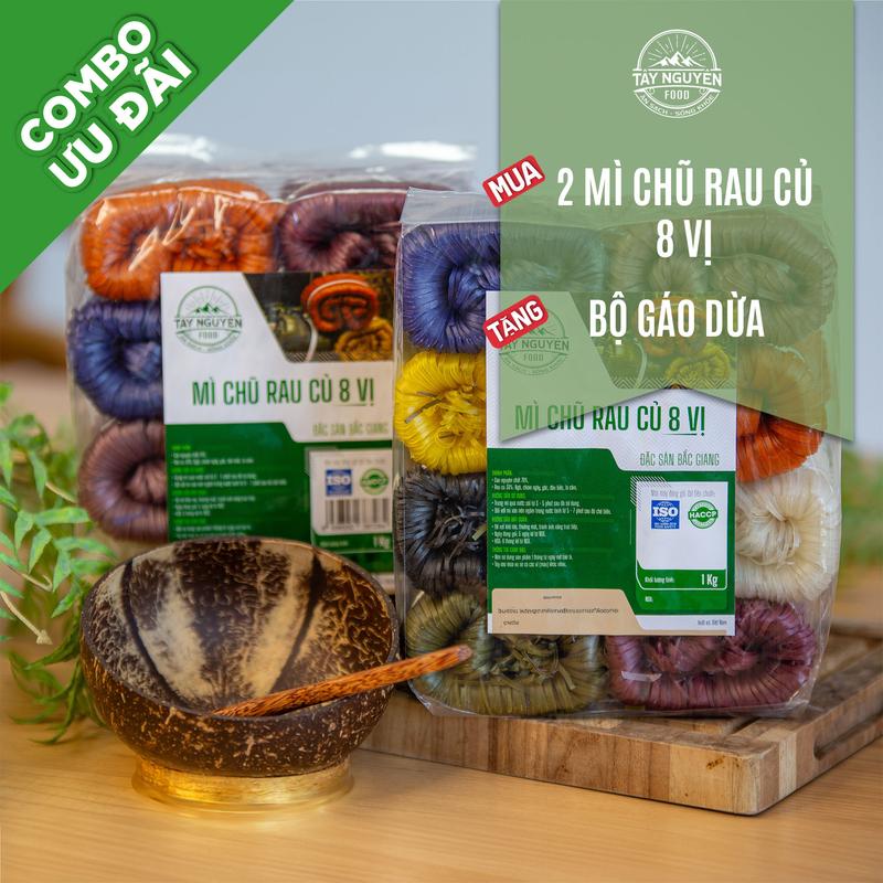 Combo 2 bịch Mì Chũ rau củ 8 vị 1kg kèm 1 bộ Gáo dừa thìa gỗ Tây Nguyên Food – Việt Nam