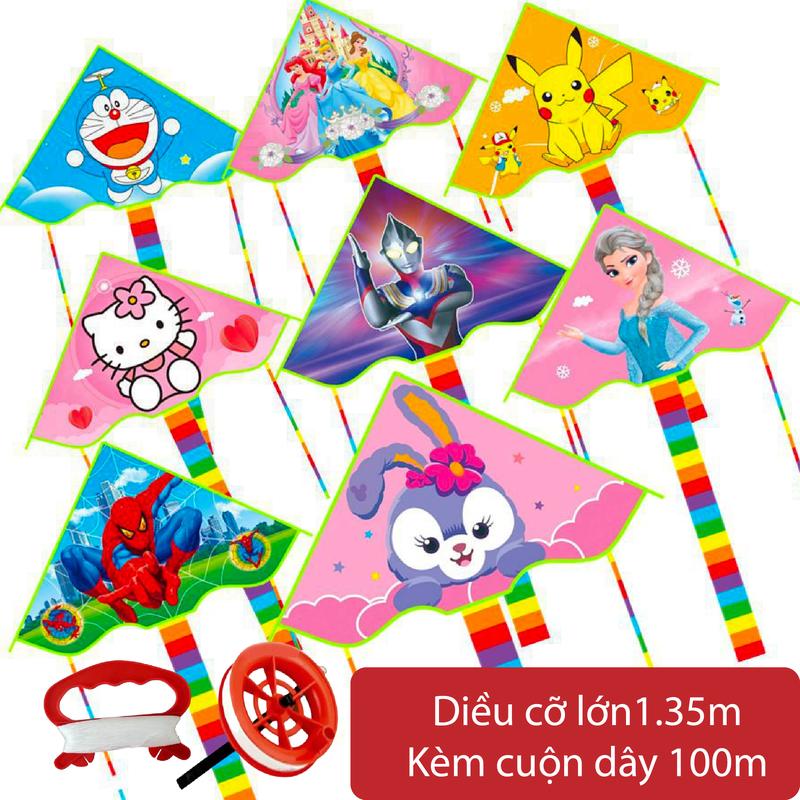 [Diều Cỡ Lớn] Diều Thả Cạnh Cong 1.35m Họa Tiết Hoạt Hình Siêu Nhân Elsa Doraemon Kèm Cuộn Dây Thả 100m
